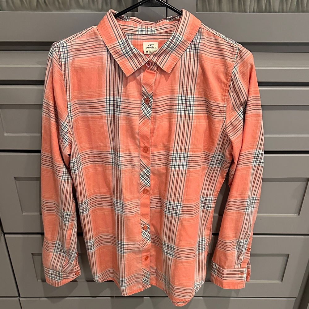 Salmon colored Plaid Button-Up Shirt